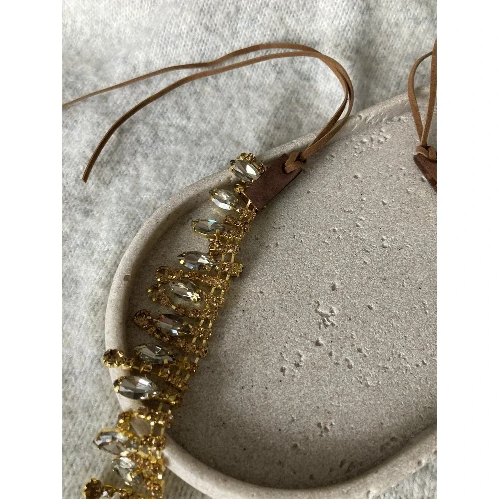 Gold Tone Rhinestone Fringe Belt Tie Boho Statement Bling Glam Festival y2K